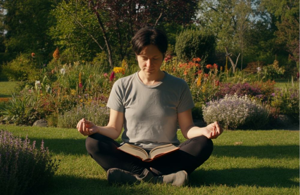 Representação de uma pessoa desconectando-se de dispositivos digitais e praticando atividades saudáveis como leitura, meditação e exercícios ao ar livre.