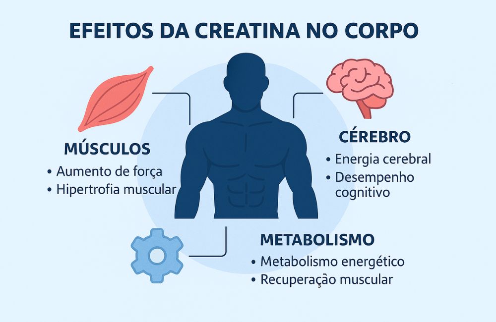 Infográfico mostrando os principais efeitos da creatina no corpo: músculos, cérebro e metabolismo.