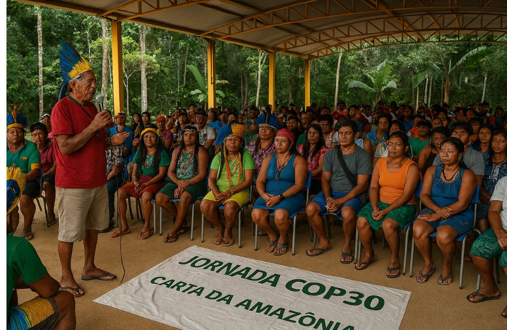 Comunidades indígenas e ribeirinhas reunidas em oficinas participativas da Jornada COP30, promovendo escuta territorial.