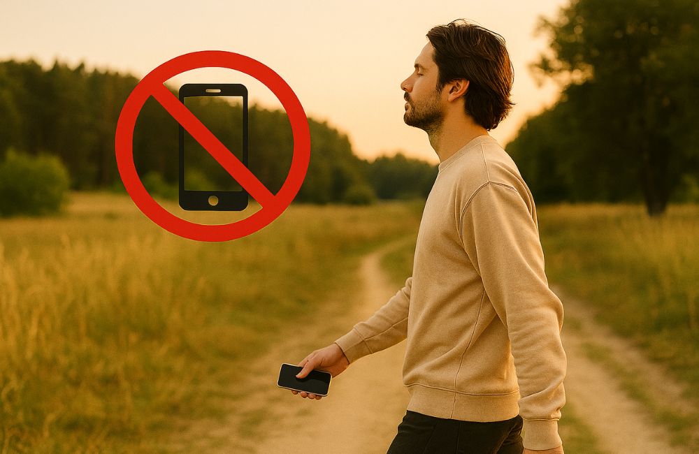 Pessoa desconectando-se de dispositivos digitais e caminhando ao ar livre em ambiente natural.