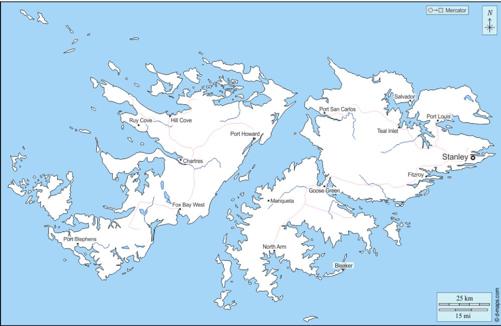 Mapa ilustrativo mostrando a localização das Ilhas Malvinas no Atlântico Sul.