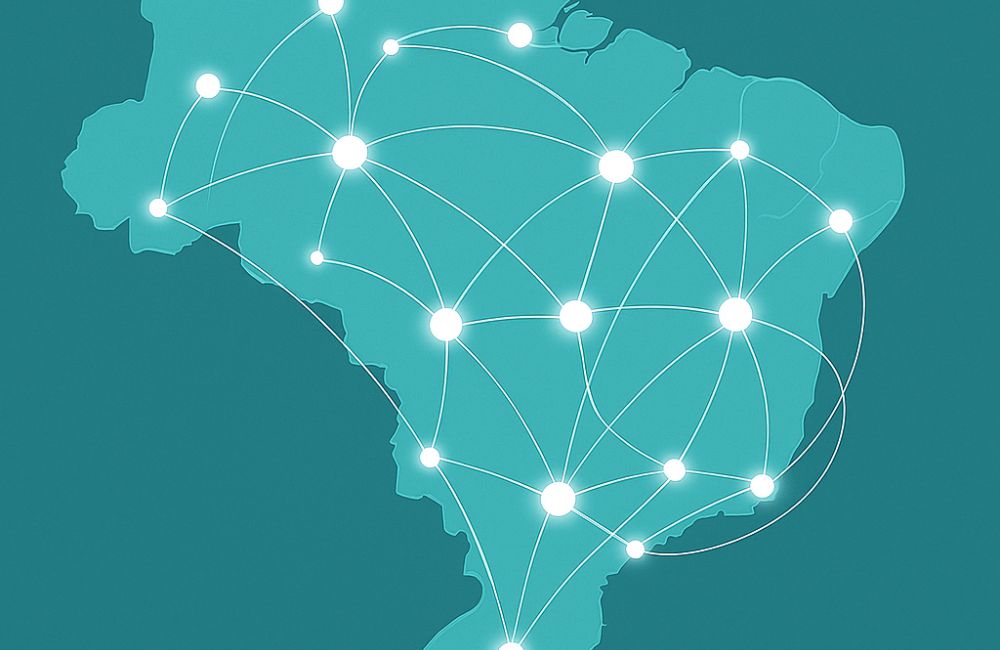 Ilustração de um mapa do Brasil com conexões digitais destacadas entre diferentes regiões, simbolizando o impacto do PIX na inclusão financeira nacional e na expansão da conectividade bancária.