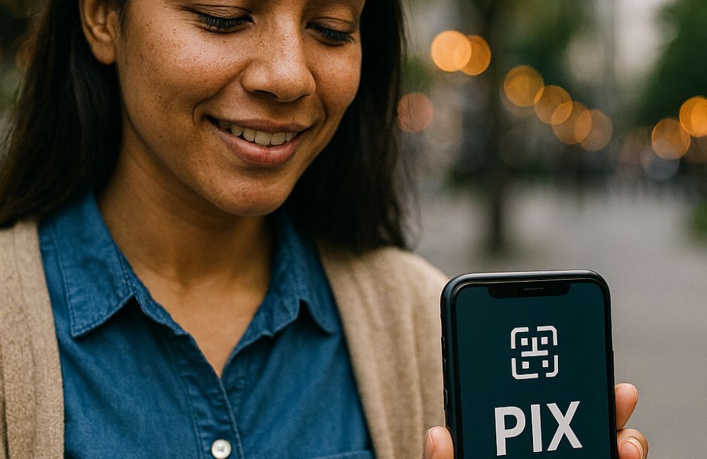 Pessoa segurando um smartphone enquanto realiza um pagamento via PIX em um ambiente urbano, representando o acesso facilitado à inclusão financeira digital no Brasil.