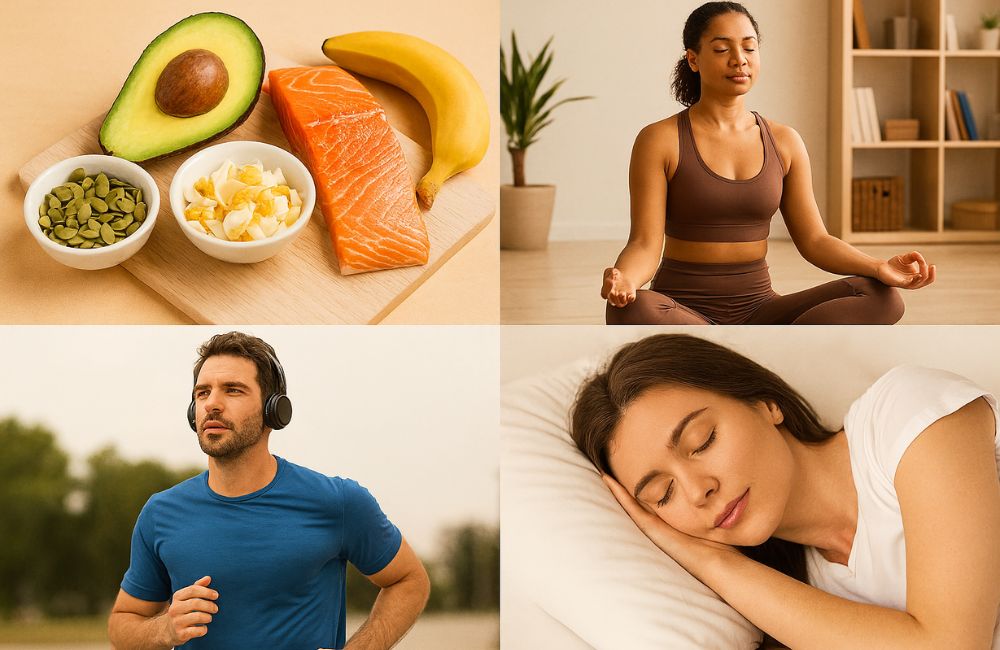 Montagem com alimentos ricos em tirosina, pessoas meditando, praticando exercícios e dormindo bem.