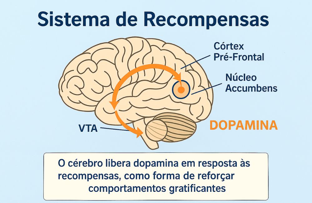Infográfico explicativo do sistema de recompensas cerebral, destacando o papel da dopamina e estruturas como núcleo accumbens, VTA e córtex pré-frontal.