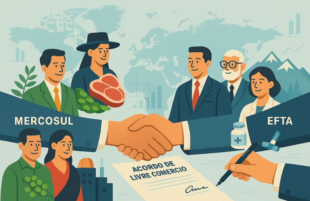 Ilustração institucional do acordo de livre comércio entre MERCOSUL e EFTA, com representantes dos países envolvidos, elementos culturais e econômicos como soja, carne, indústria, tecnologia e farmacêuticos, além de aperto de mãos simbolizando integração comercial internacional.