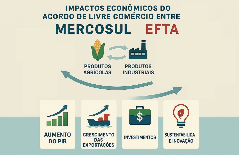 Infográfico sobre os impactos econômicos do acordo MERCOSUL–EFTA, com ícones de crescimento do PIB, exportações, investimentos e sustentabilidade, além de setas indicando o fluxo comercial entre América do Sul e Europa com destaque para produtos agrícolas e industriais.