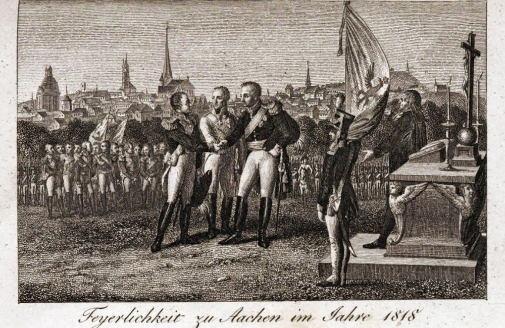 Representação artística da conferência de Aix-la-Chapelle de 1818, com diplomatas das potências europeias reunidos.