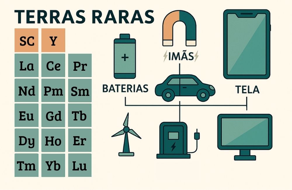 Representação gráfica dos 17 elementos químicos das terras raras, com destaque para suas aplicações tecnológicas como ímãs, baterias e telas de dispositivos.