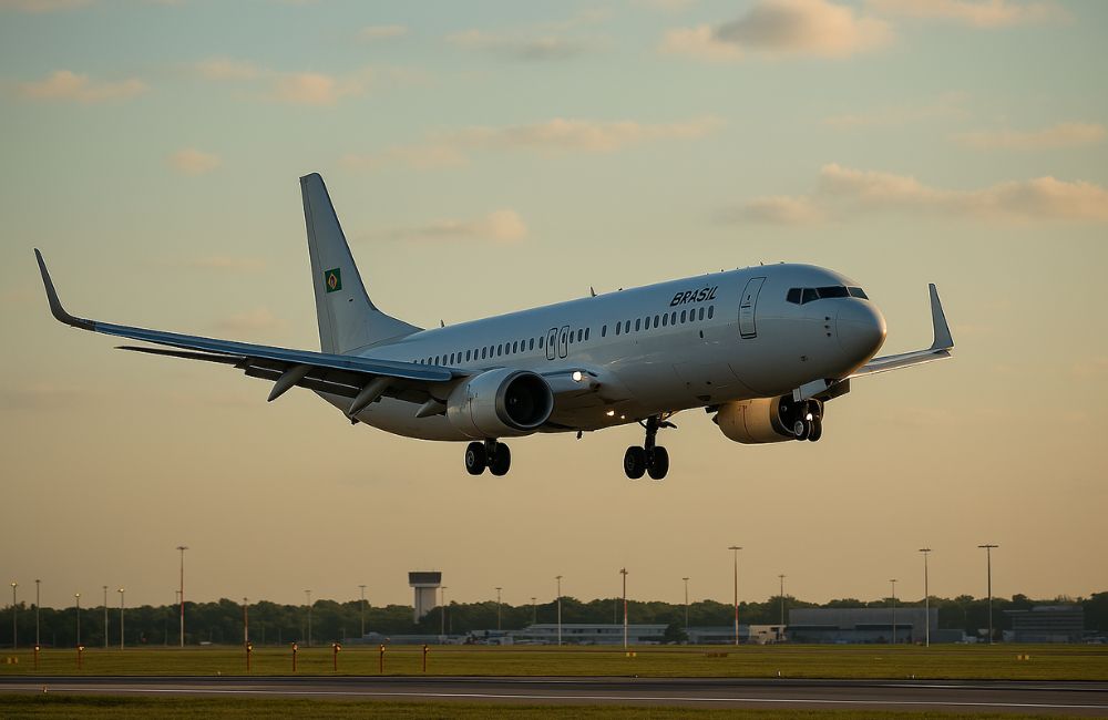 Aeronave brasileira em aproximação para pouso, simbolizando a atuação do Brasil na OACI e seu compromisso com segurança aérea, integração internacional e inovação na aviação civil.
