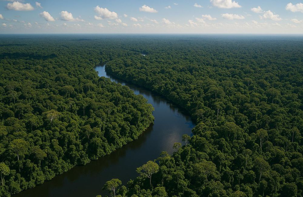 "Vista aérea da floresta amazônica com rio sinuoso cercado por vegetação densa, céu azul e nuvens leves, representando biodiversidade e preservação ambiental na Amazônia.