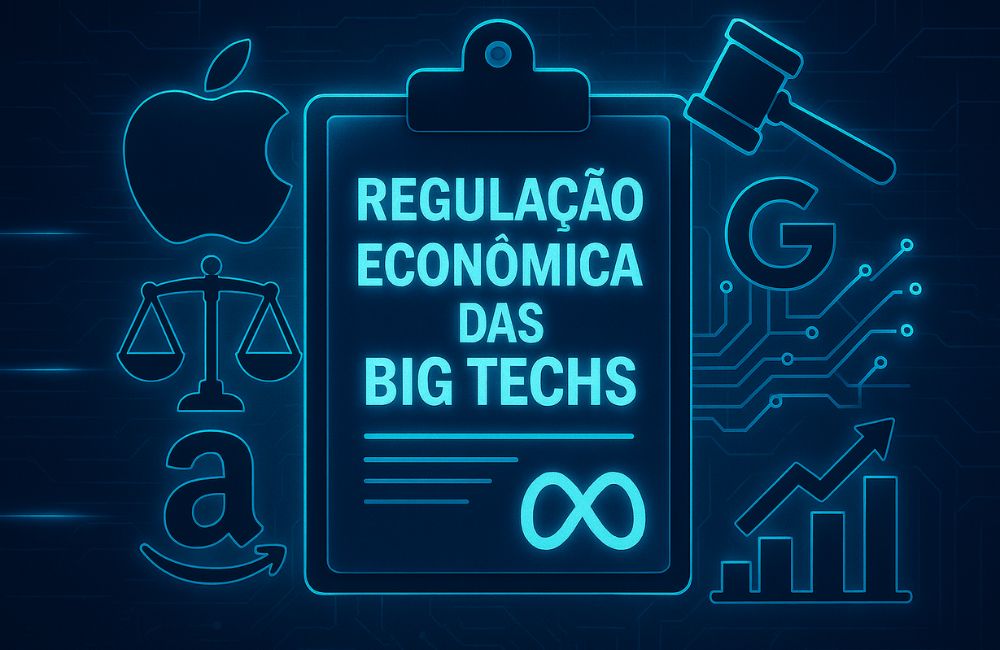 Ilustração conceitual de regulação econômica das Big Techs, com ícones de empresas de tecnologia, símbolos jurídicos e gráficos representando controle, concorrência e inovação.