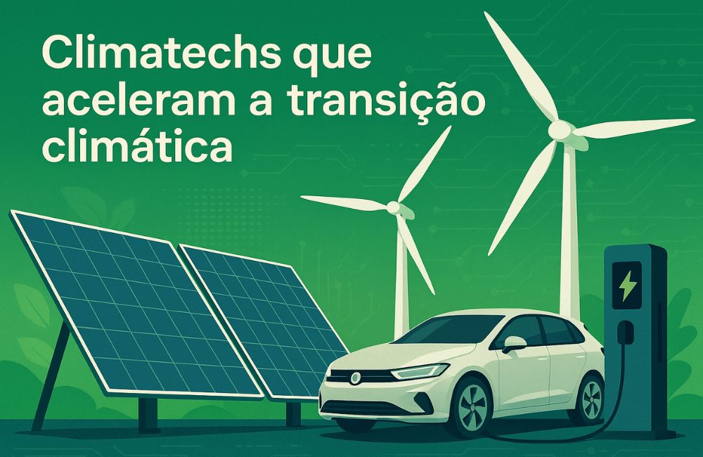 Capa ilustrativa sobre climatechs que aceleram a transição climática, mostrando tecnologias limpas como energia solar, eólica, baterias e mobilidade elétrica, representando inovação sustentável e descarbonização global.