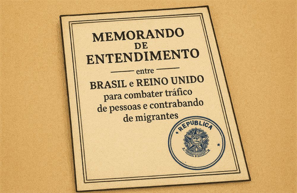 Documento ilustrativo com carimbo oficial representando o Memorando de Entendimento entre Brasil e Reino Unido para combater tráfico de pessoas e contrabando de migrantes.