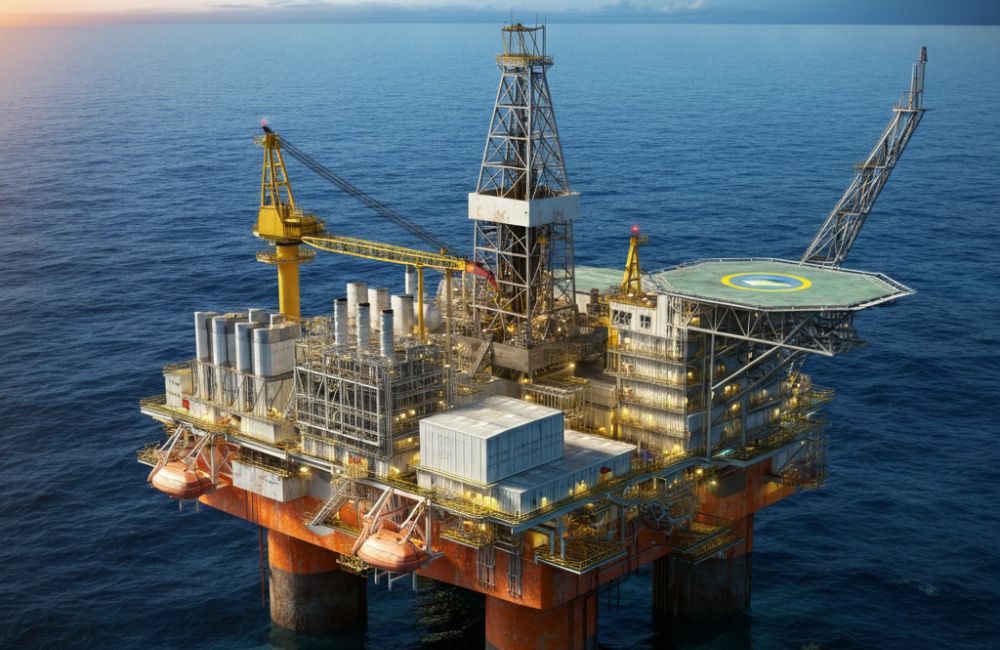 Plataforma de petróleo na Amazônia Azul do Brasil, destacando exploração offshore e importância estratégica para energia nacional.