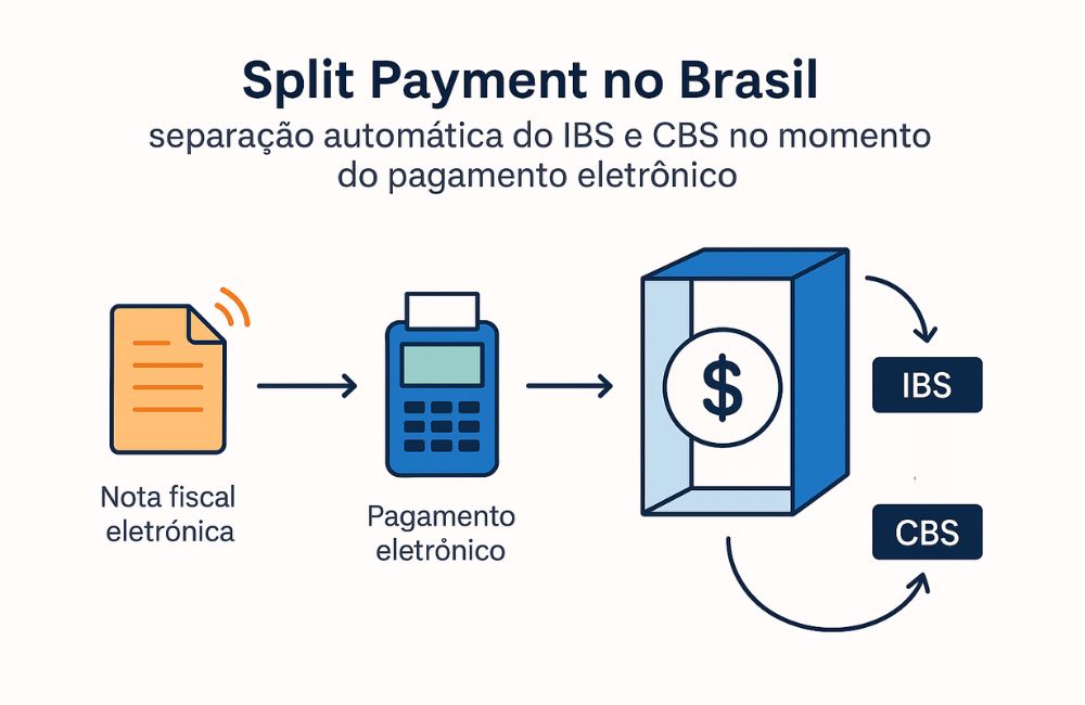 Fluxo do Split Payment no Brasil mostrando a separação automática do IBS e CBS no momento do pagamento eletrônico.