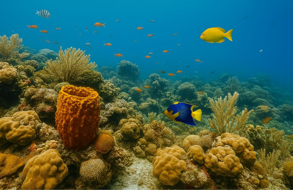 Recifes de corais e peixes coloridos na Amazônia Azul do Brasil, representando biodiversidade marinha e importância da conservação ambiental.