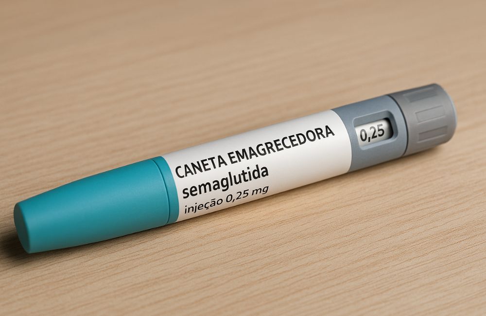 Caneta emagrecedora semaglutida sobre mesa, usada para tratamento da obesidade com prescrição médica