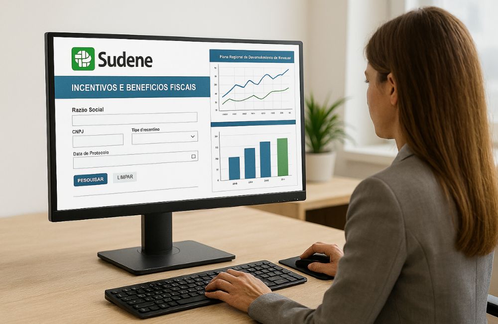 Analista usando o SIBF para pleito de redução de 75% do IRPJ, com gráficos do PRDNE na tela — Sudene: desenvolvimento regional do Nordeste