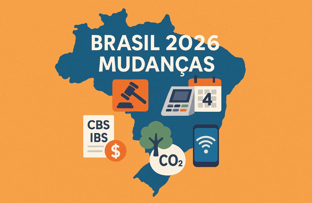 O que muda no Brasil em 2026: mapa com símbolos da Reforma Tributária, FGTS Digital, 5G e sustentabilidade