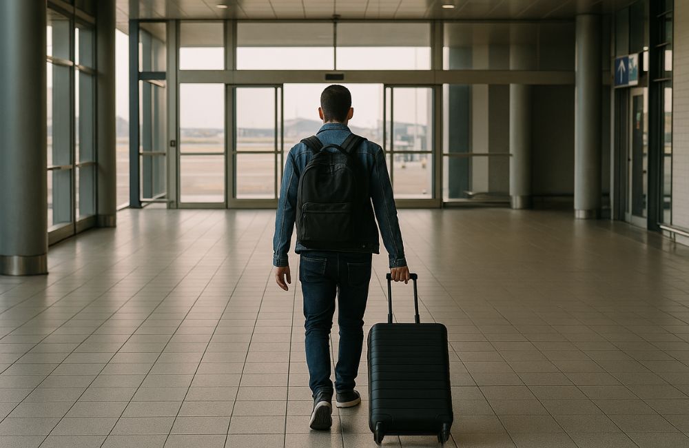 Imigrante de costas caminhando com mala no aeroporto, indo embora de Portugal.