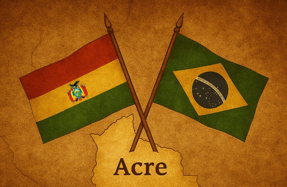 Bandeiras do Brasil e da Bolívia cruzadas sobre mapa antigo com destaque para a região do Acre, simbolizando o Tratado de Petrópolis: incorporação do Acre ao Brasil em 1903.