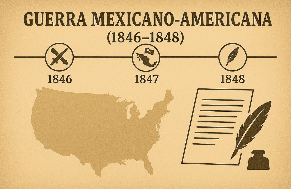 Design gráfico com mapa dos Estados Unidos e elementos visuais representando batalhas, território e assinatura do Tratado de Guadalupe Hidalgo durante a Guerra Mexicano-Americana.