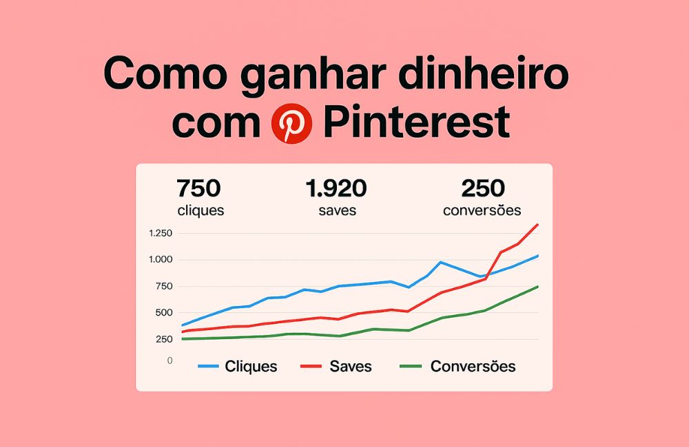 Como ganhar dinheiro com o Pinterest dashboard no laptop mostrando crescimento de cliques, saves e conversões no Pinterest Analytics