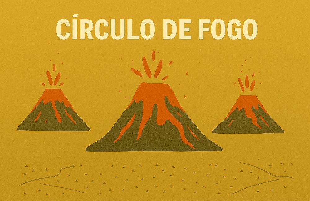 Ilustração de vulcões em erupção com o título Círculo de Fogo, representando a intensa atividade vulcânica do Círculo de Fogo do Pacífico