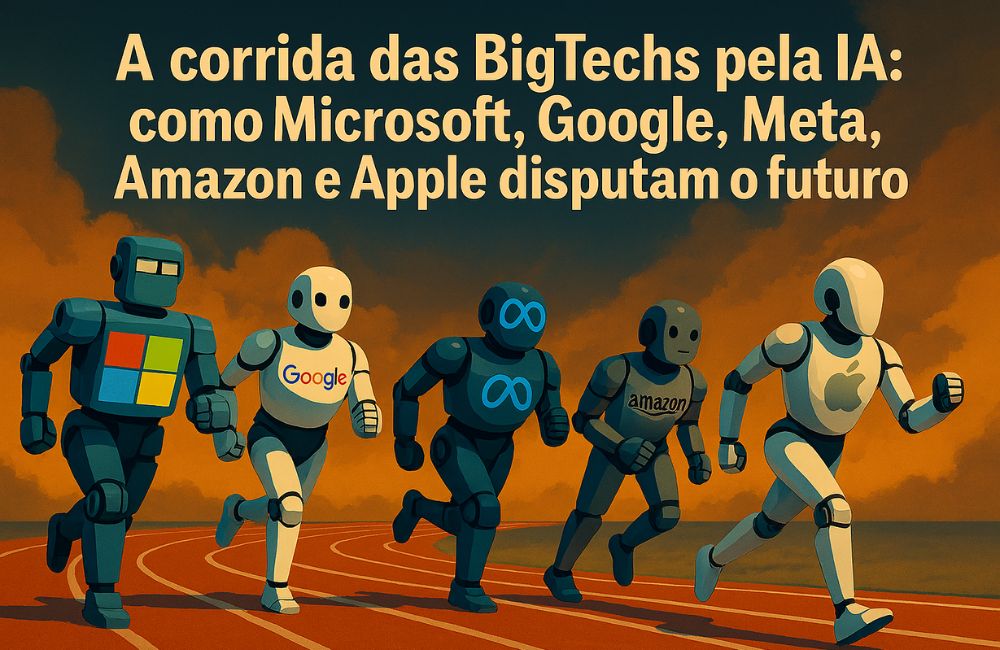 Ilustração de robôs correndo em pista, simbolizando a corrida das BigTechs pela IA entre Microsoft, Google, Meta, Amazon e Apple e a disputa pelo futuro..