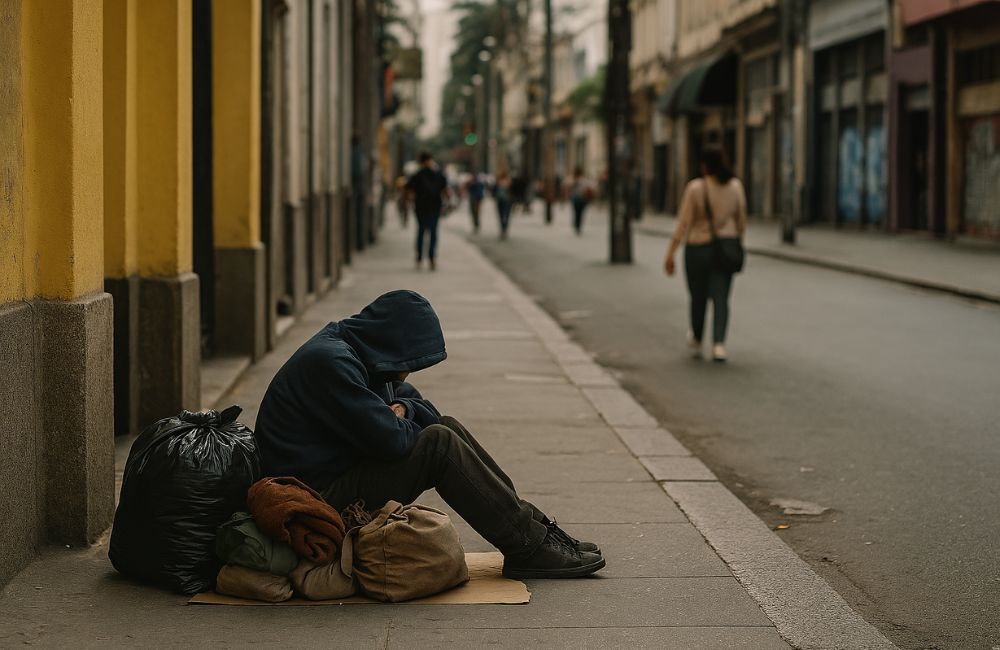 Pessoa em situação de rua sentada em calçada de cidade, em imagem sobre direitos humanos da população em situação de rua