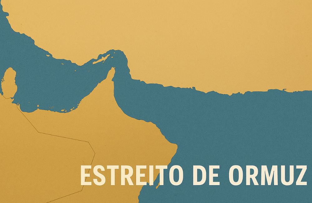 Mapa estilizado do Estreito de Ormuz em imagem sobre sua importância estratégica global
