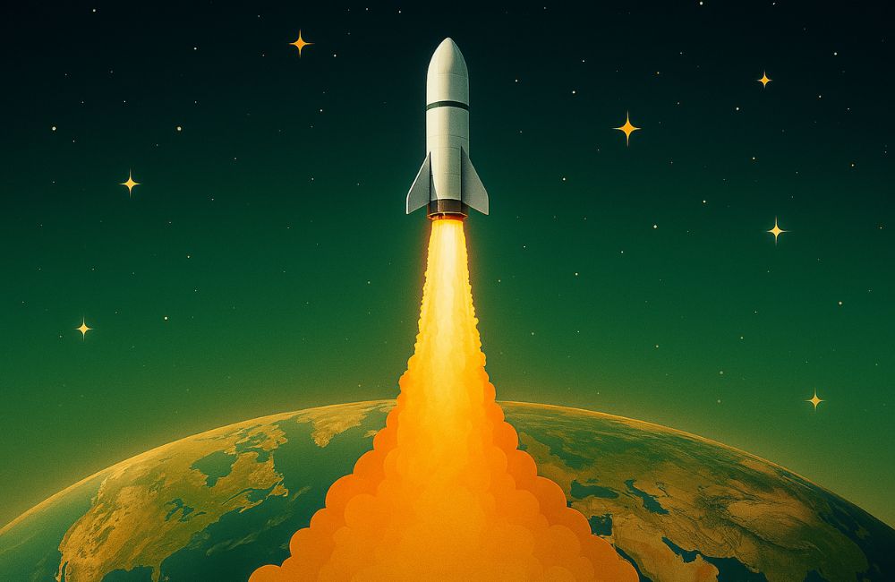 Foguete em lançamento sobre a Terra em imagem sobre o Brasil na nova corrida espacial